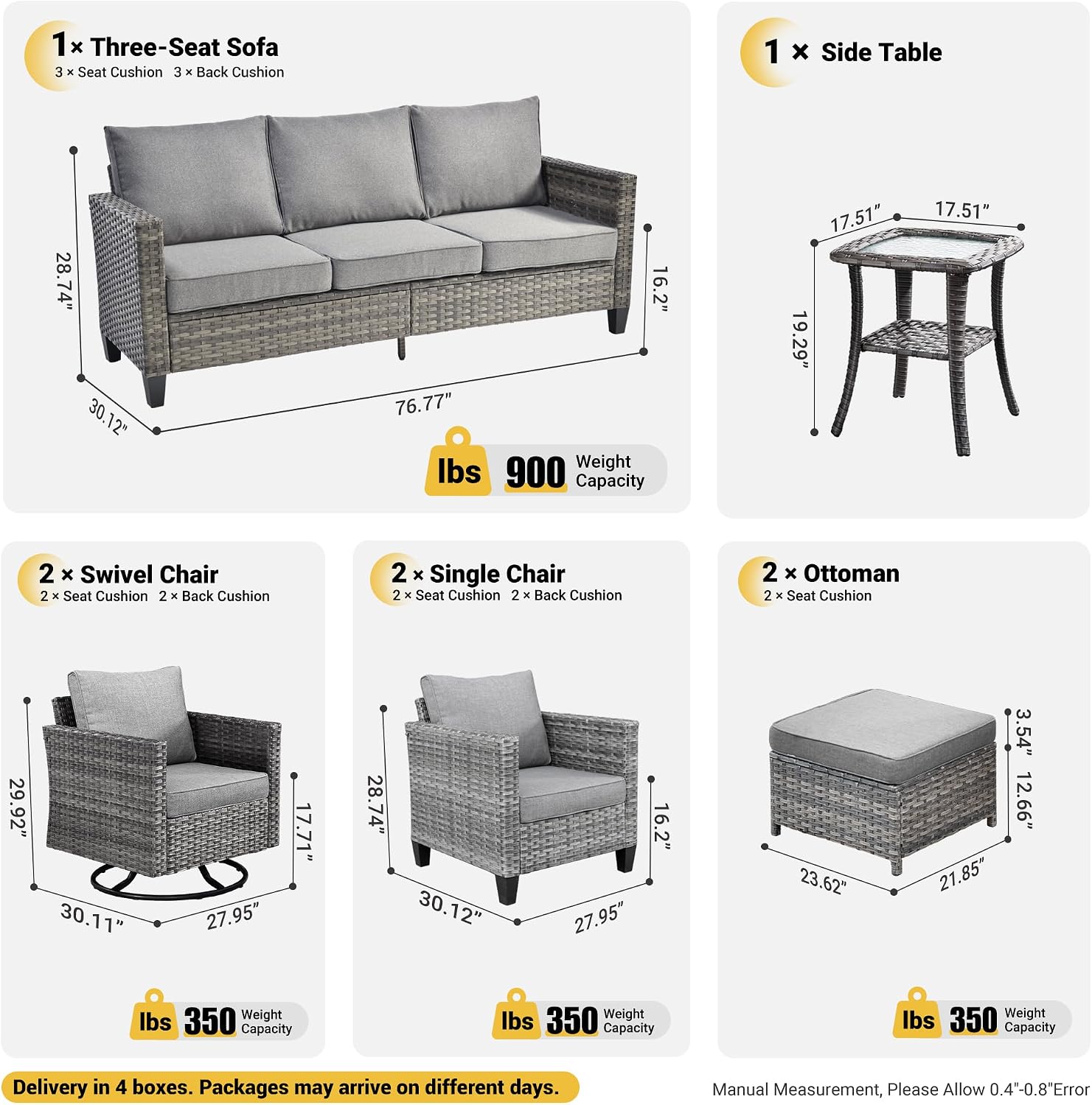 ovios 8 Pieces Patio Furniture Set, Outdoor Wicker Sofa Couch with Swivel Chairs, Rocking Glider Rocker with Comfy Cushions All Weather Rattan Conversation Set, Dark Grey