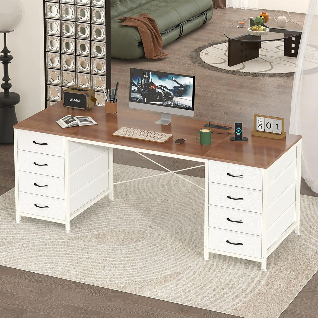 YOMILUVE 60 Inch Computer Desk with 8 Drawers, Home Office Desk with Power Outlets, Work Study Gaming Desk with 8 Fabric Drawers, Brown and White