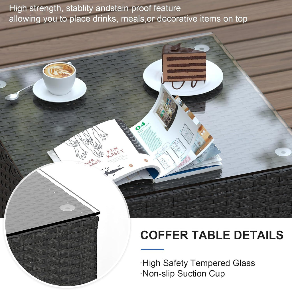 Patio Furniture Set, 5PCS Outdoor Sectional with Ottoman Wicker Rattan Patio Couch with Thickened Cushion Modular Wicker Patio Conversation Set with Glass Top Table for Balcony, Backyard (Burgundy)