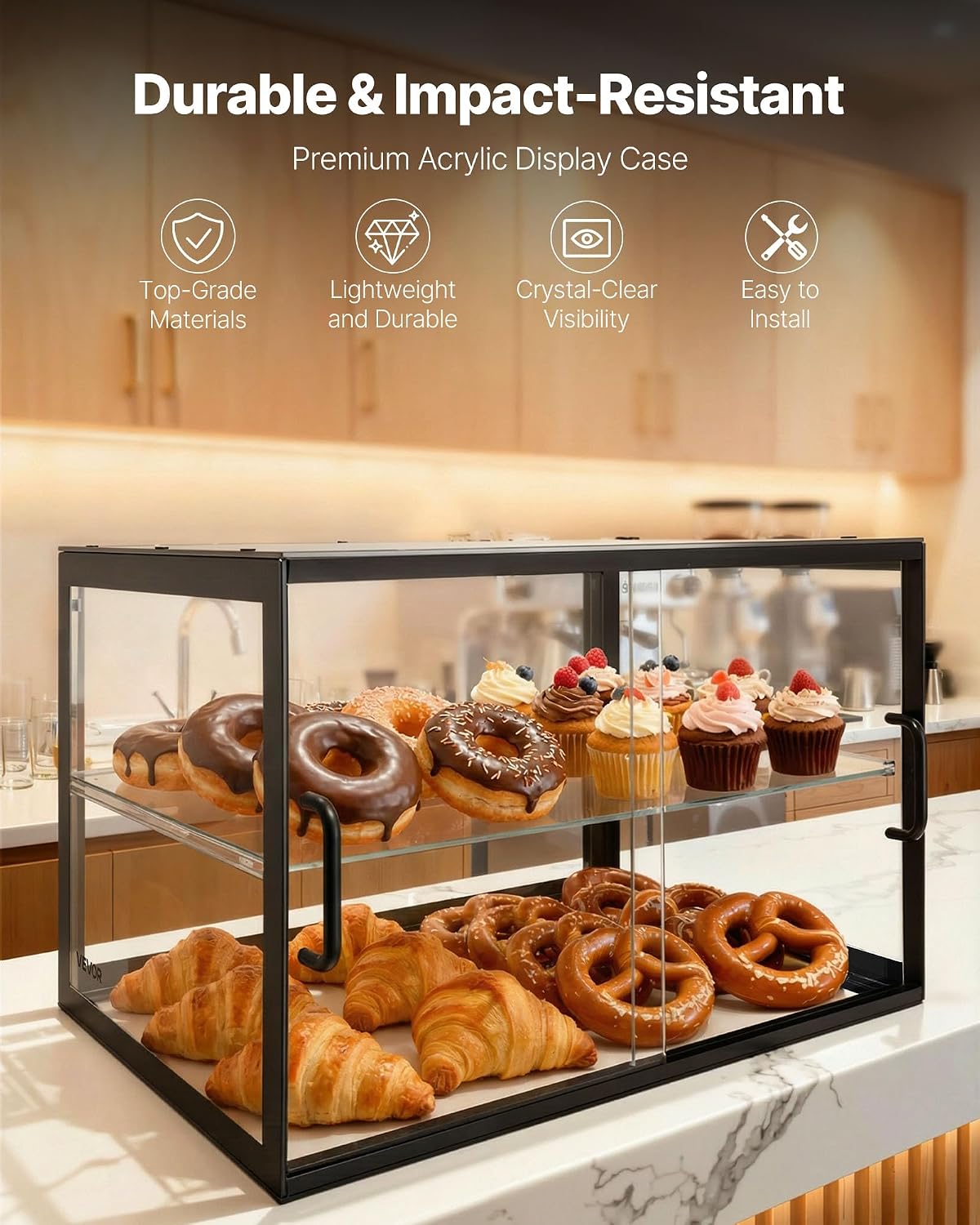 VEVOR Bakery Display Case, 2-Tier Commercial Countertop Pastry Display Case, Clear Acrylic Bread Box for Kitchen, Party Cake Cabinet with Sliding Door for Cookie Dessert Donut, 21.7' x 15.2' x 15.4'
