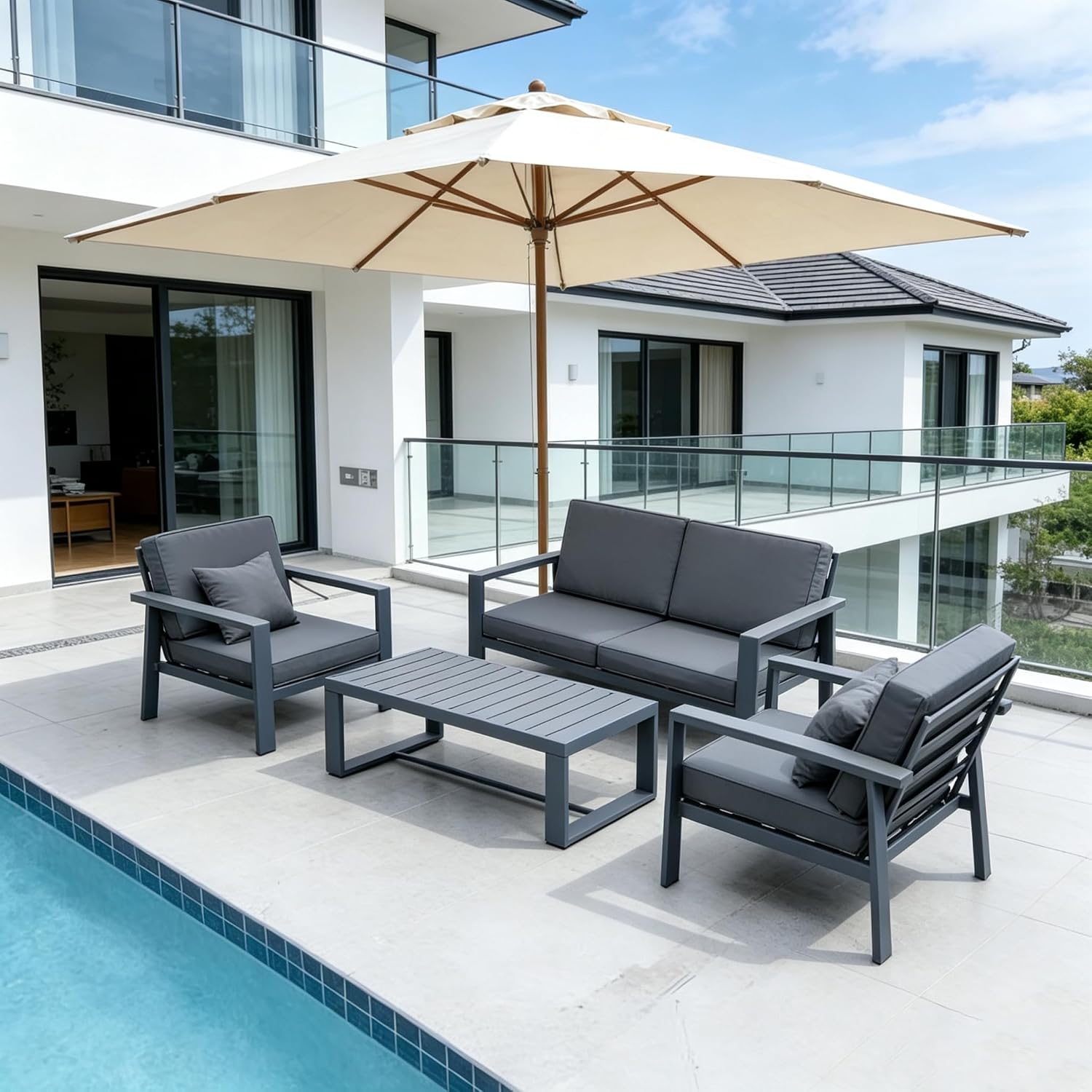 Aluminum Patio Furniture Set, Modern Metal Outdoor Conversation Sectional Sofa with Washable Thick Cushions, Coffee Table and Waterproof Cover (Grey, 1088-4seat)