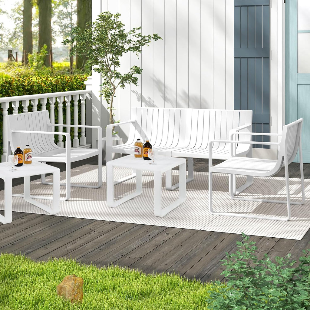 Tangkula 5-Piece Patio Furniture Set, Outdoor Conversation Set w/1 Loveseat, 2 Patio Chairs & 2 Side Tables, All-Weather Patio Bistro Set for Lawn, Backyard, Poolside, Balcony, Garden, Deck (White)