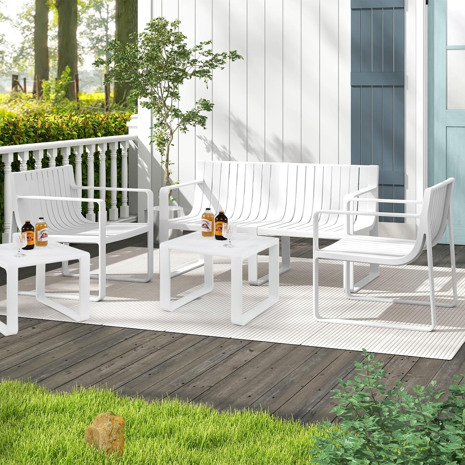 Tangkula 5-Piece Patio Furniture Set, Outdoor Conversation Set w/1 Loveseat, 2 Patio Chairs & 2 Side Tables, All-Weather Patio Bistro Set for Lawn, Backyard, Poolside, Balcony, Garden, Deck (White)