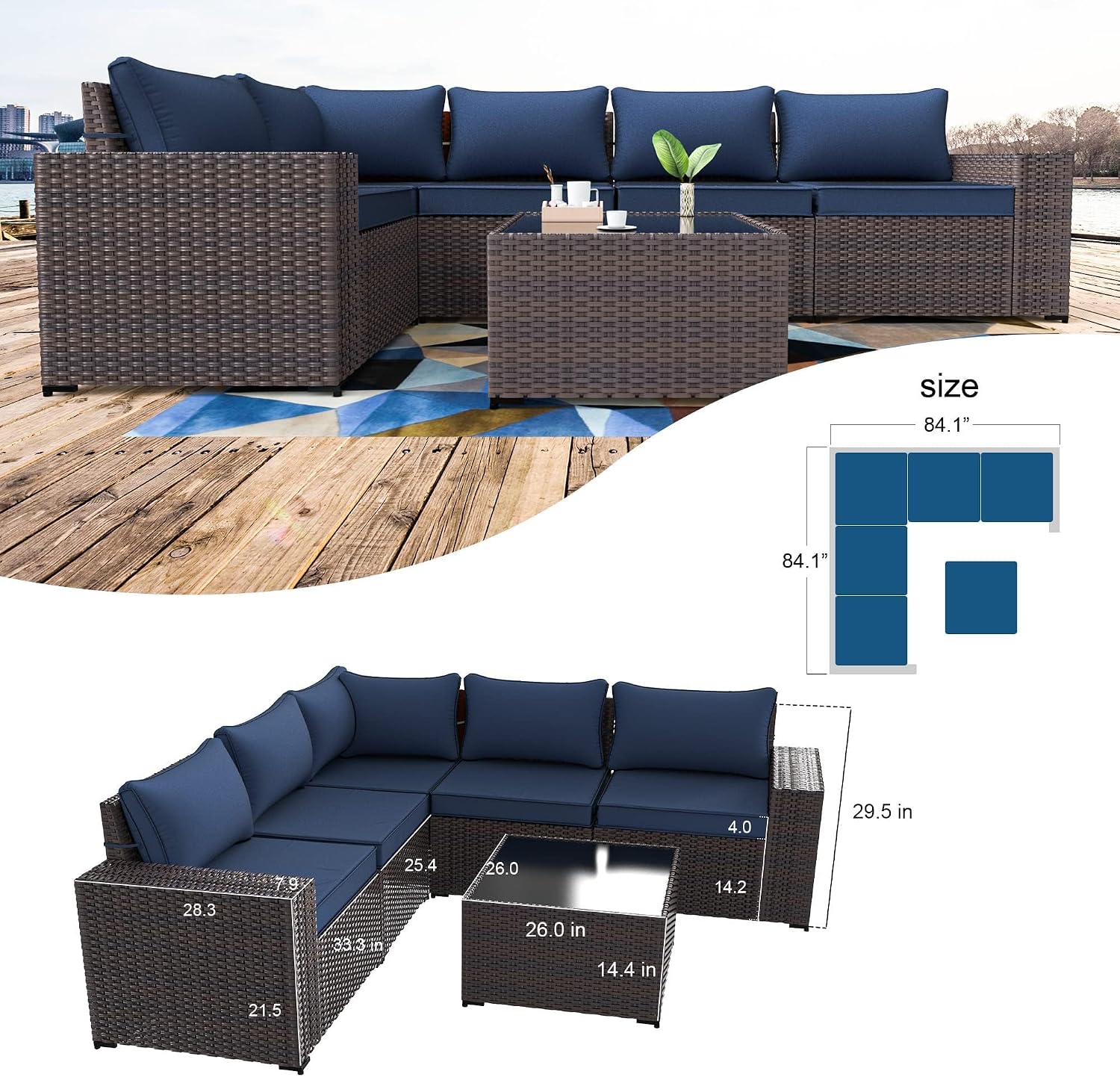 Kullavik 6PCS Outdoor Patio Furniture Set PE Wicker Rattan Sectional Sofa Patio Conversation Sets,Navy Blue