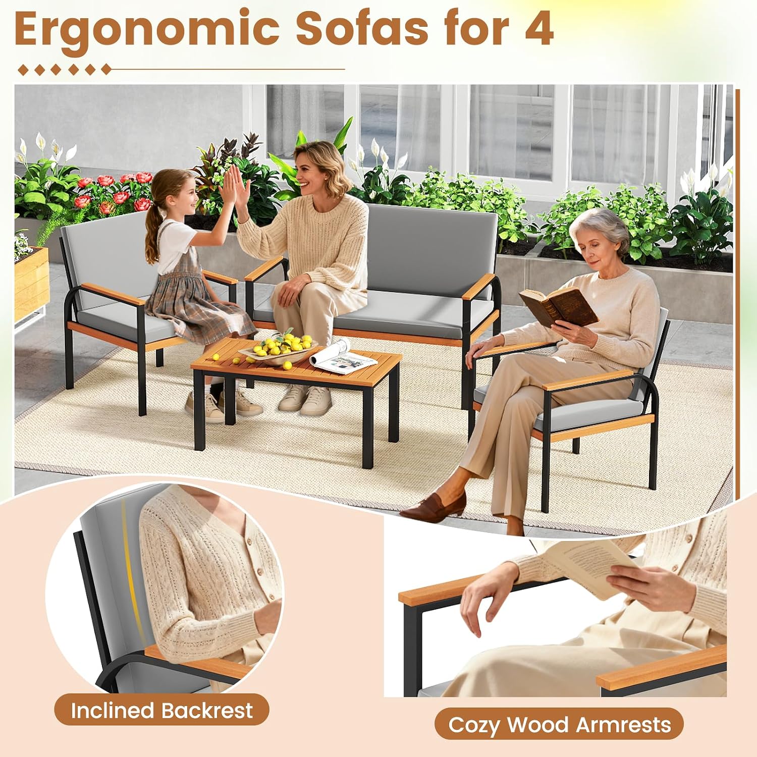 Tangkula 4 Pieces Patio Furniture Set, Outdoor Conversation Set with Acacia Wood Coffee Table, Cushioned Loveseat & 2 Single Armrest Chairs, for Porch, Garden, Backyard, Poolside