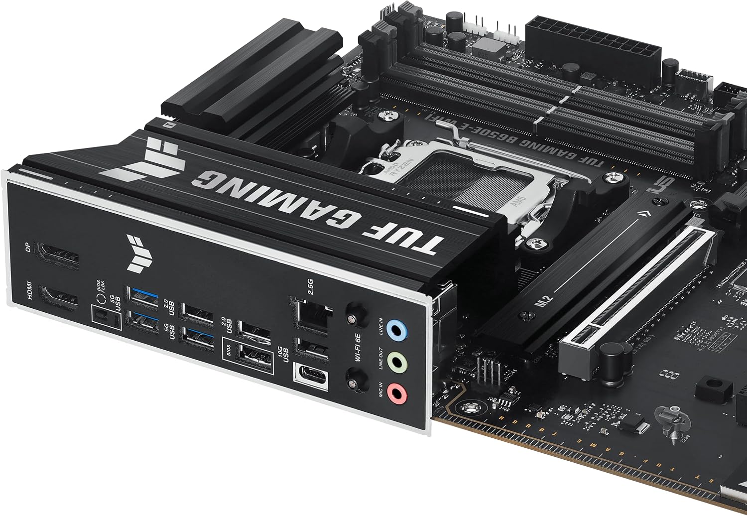 ASUS TUF GAMING B650E-E WIFI AMD AM5 B650 ATX motherboard, 8+2+1 80A DrMOS stage, DDR5, PCIe 5.0 Ready, 3x M.2, Wi-Fi 6E, 2.5 Gb LAN, DisplayPort, HDMI™, USB 20Gbps Type-C®, BIOS FlashBack™, Aura Sync