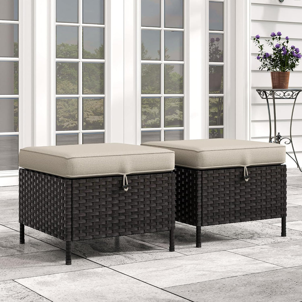 Patio Wicker Ottomans with Removable and Washable Covers, PE Rattan Outdoor Footstools for Porch, Sunroom (Beige)