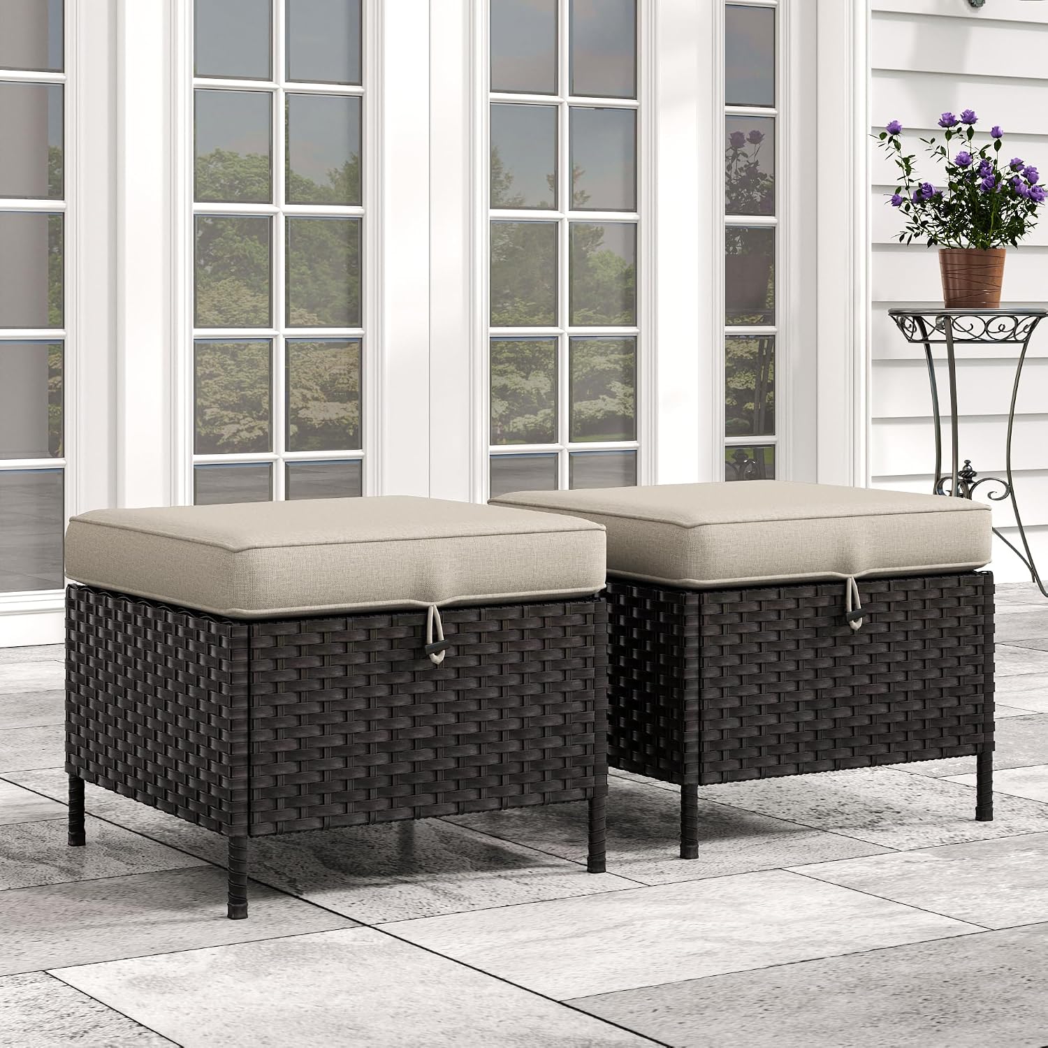 Patio Wicker Ottomans with Removable and Washable Covers, PE Rattan Outdoor Footstools for Porch, Sunroom (Beige)