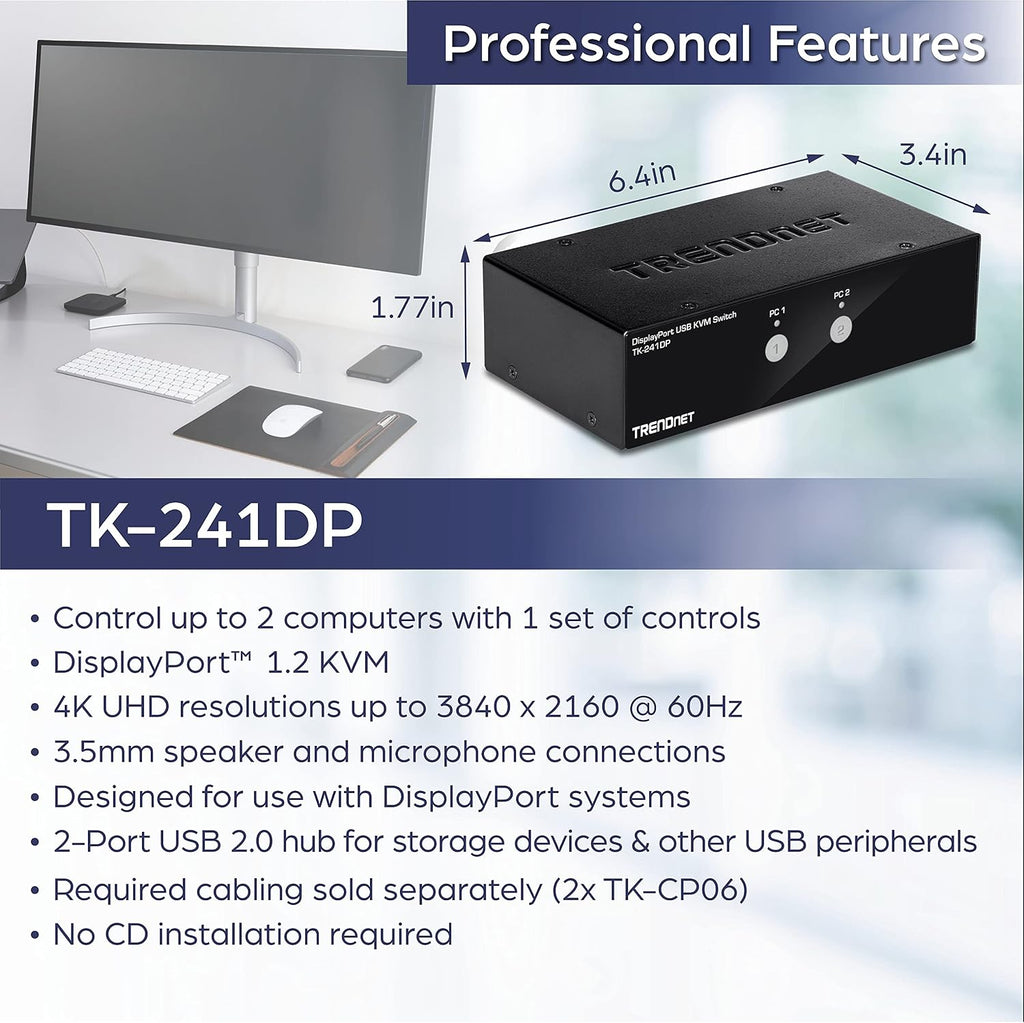 TRENDnet 2-Port DisplayPort KVM Switch, DisplayPort 1.2 KVM, Connect and Control Two Computers, Supports 4K UHD Resolution, 3840 x 2160 at 60Hz, 2-Port USB 2.0 Hub, Black, TK-241DP