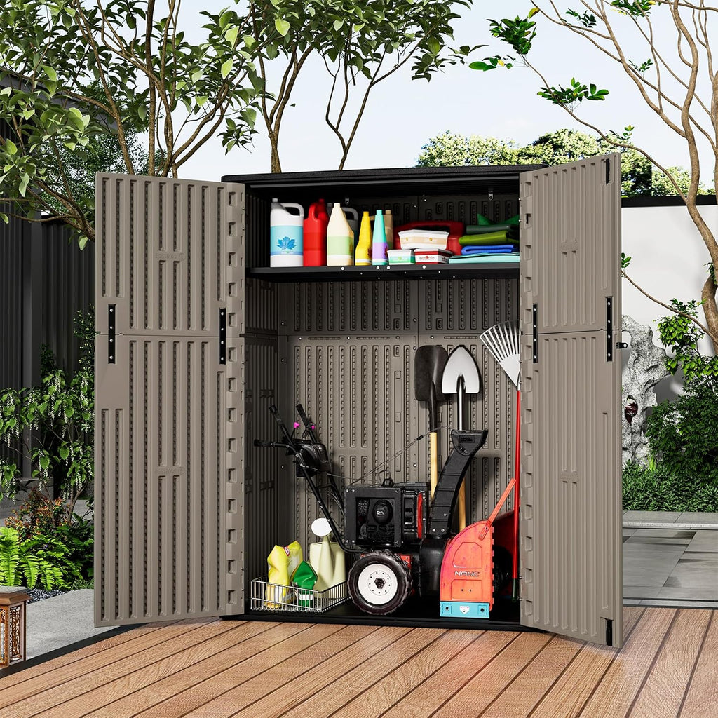 HOMSPARK 57 Cu.Ft Outdoor Storage Shed Weather Resistant, Multi Functional | Double-Wall Resin Storage Sheds & Outdoor Storage Box Waterproof for Backyard Garden Patio Lawn (Brown)