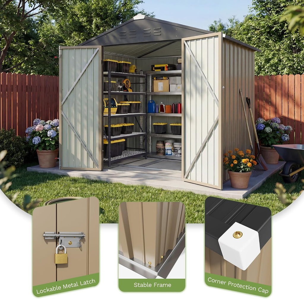 Patiowell 6x4 FT Outdoor Storage Shed with Floor Frame, Metal Garden Patio Sheds with Sloping Roof and Lockable Door, Waterproof Steel Tool Shed for Backyard Garden Lawn, Brown