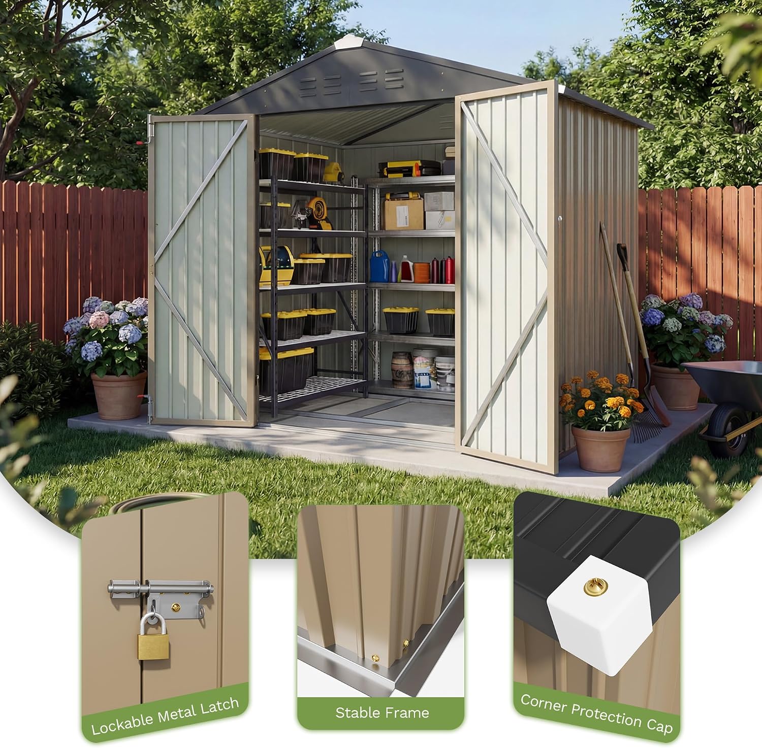 Patiowell 6x4 FT Outdoor Storage Shed with Floor Frame, Metal Garden Patio Sheds with Sloping Roof and Lockable Door, Waterproof Steel Tool Shed for Backyard Garden Lawn, Brown