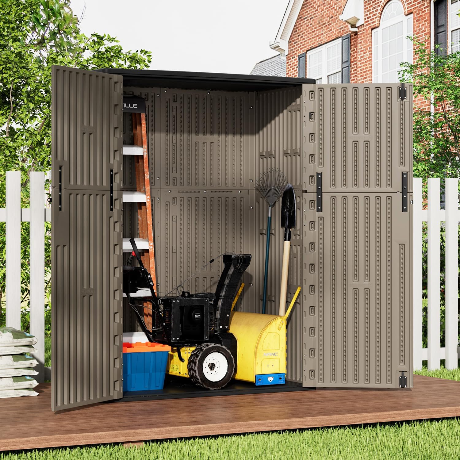 HOMSPARK Outdoor Storage Shed 57 Cu.Ft, All-Weather Resistant Resin Garden Sheds & Outdoor Storage Clearance with Floor, Double-Layer Plastic Tool Sheds for Patio, Garden & Lawn (Shallow Brown)