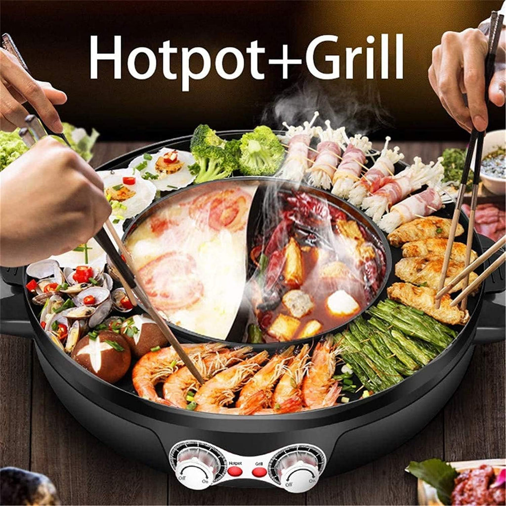 Electric Grill Hot Pot,Smokeless Barbecue Machine,Non-Stick Multi-Purpose Shabu Pot with Divider,Separate Dual Temperature Contral,Black (Color : Black)