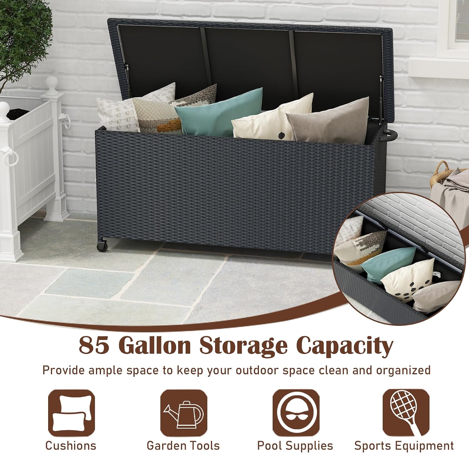 RELAX4LIFE 85-Gallon Deck Box with Wheels - Wicker Rattan Storage Bin Container w/Waterproof Liner & Gas Strut for Patio Cushions, Garden Tools, Pool Supplies, Indoor Outdoor Storage Box (Black)
