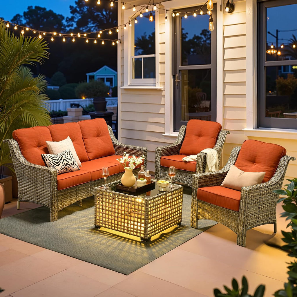 ovios 4 Piece Outdoor Patio Furniture with 3 Seat Sofa,Rattan Wicker Coversation Set with High Back,Sectional Single Sofa with Ottoman for Outside Porch Balcony Backyard Pool, Orange