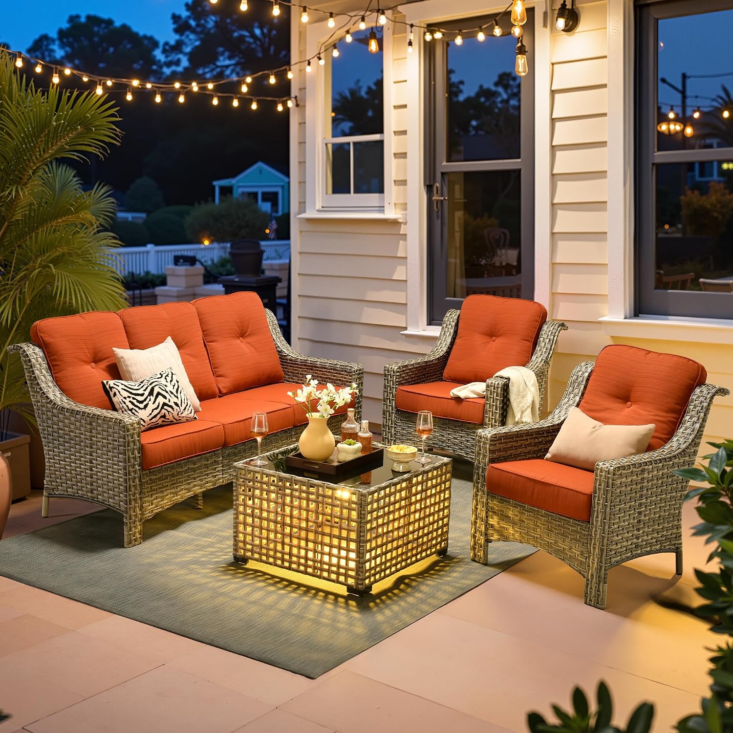ovios 4 Piece Outdoor Patio Furniture with 3 Seat Sofa,Rattan Wicker Coversation Set with High Back,Sectional Single Sofa with Ottoman for Outside Porch Balcony Backyard Pool, Orange