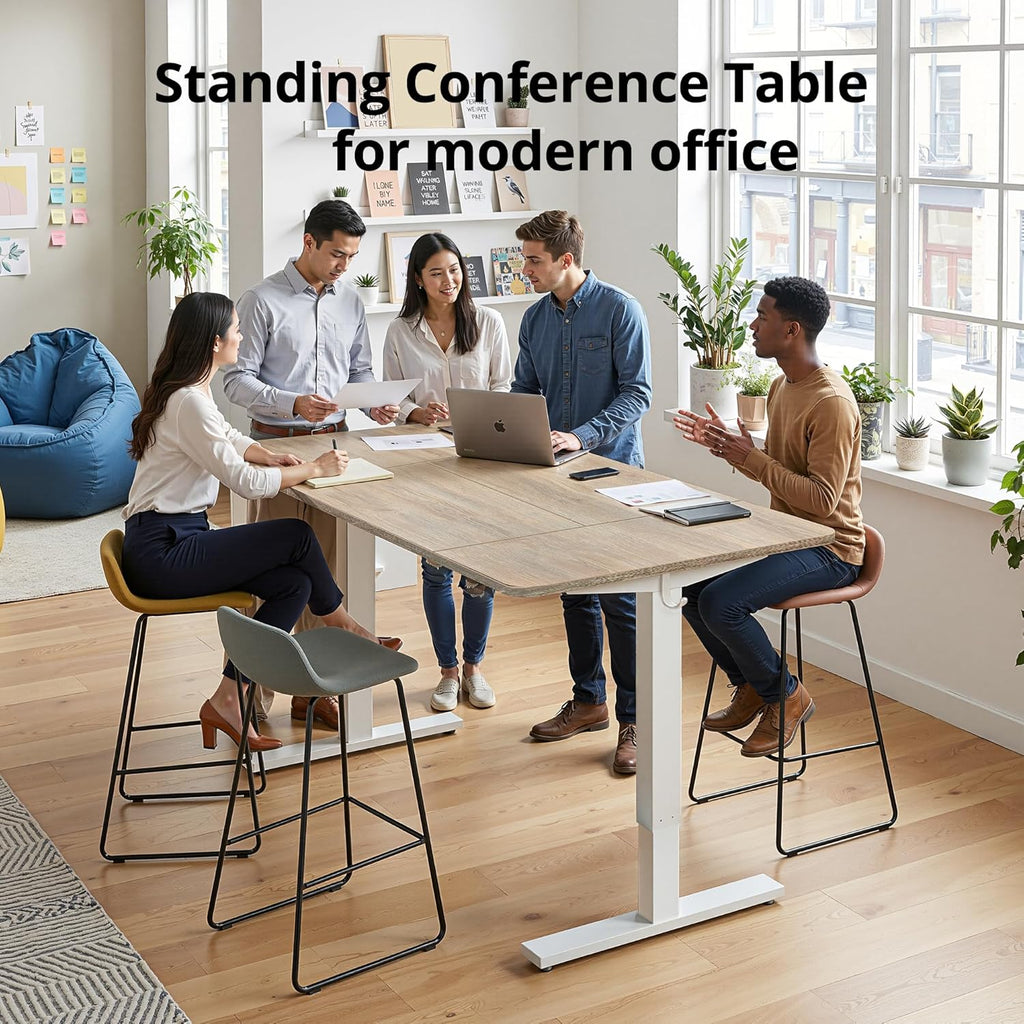 TIQLAB Electric Height Adjustable Standing Desk 71 * 30 inch, Sit Stand Desk with Splice Board, Memory Controller, White Frame & Maple Top Computer Workstation for Home Office