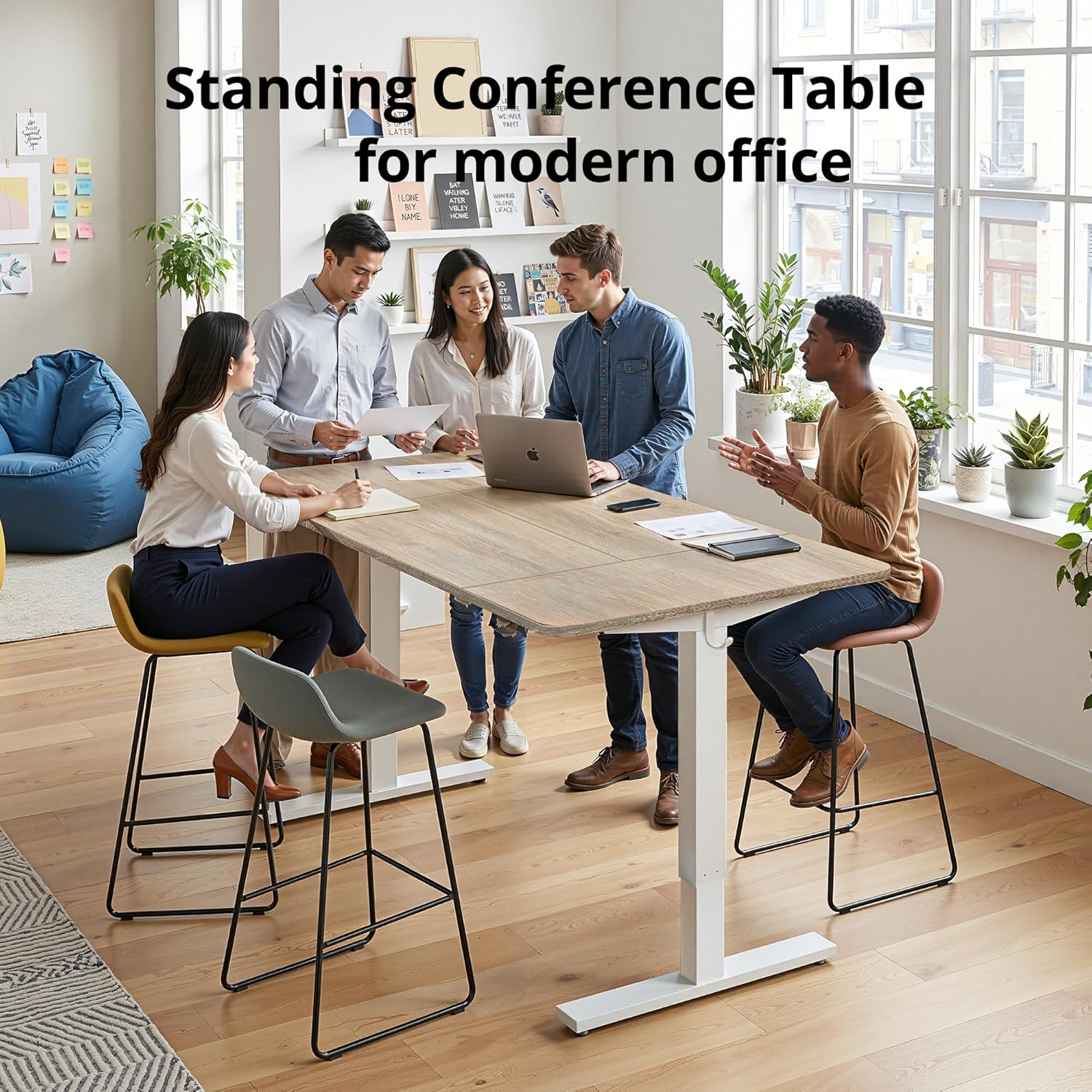TIQLAB Electric Height Adjustable Standing Desk 71 * 30 inch, Sit Stand Desk with Splice Board, Memory Controller, White Frame & Maple Top Computer Workstation for Home Office