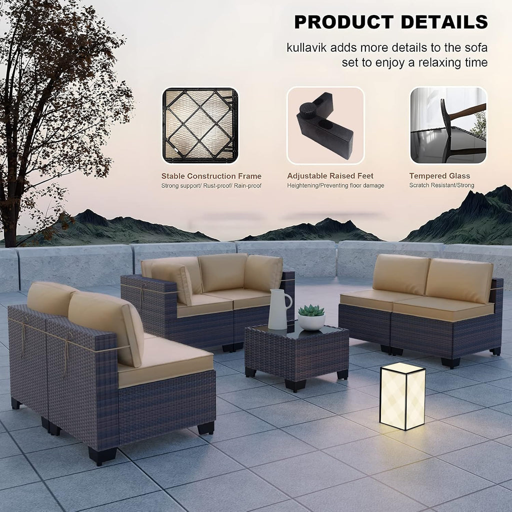 Kullavik 7 Pieces Outdoor Patio Furniture Set,Sectional Rattan Sofa Set Brown PE Rattan Wicker Patio Conversation Set with Tempered Glass Coffee Table and Washable Cushions Covers,Sand