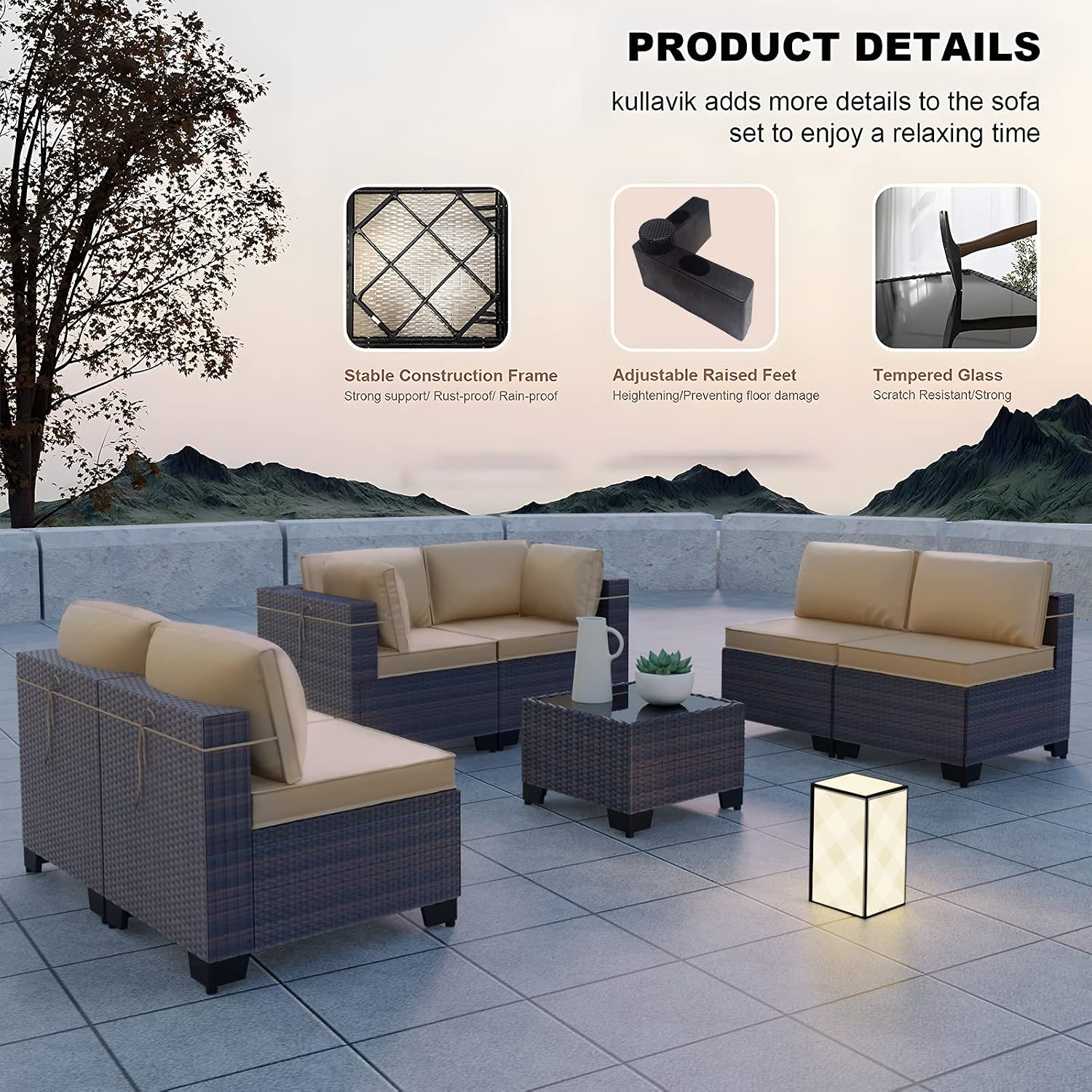 Kullavik 7 Pieces Outdoor Patio Furniture Set,Sectional Rattan Sofa Set Brown PE Rattan Wicker Patio Conversation Set with Tempered Glass Coffee Table and Washable Cushions Covers,Sand