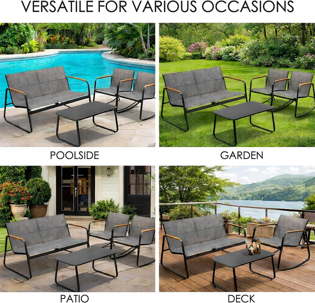 Kozyard 4-Piece Outdoor Patio Furniture Set with Textilene Chairs, Metal Conversation Set, Tempered Glass Coffee Table, Powder-Coated Steel Frame for Garden, Poolside, Backyard Gray