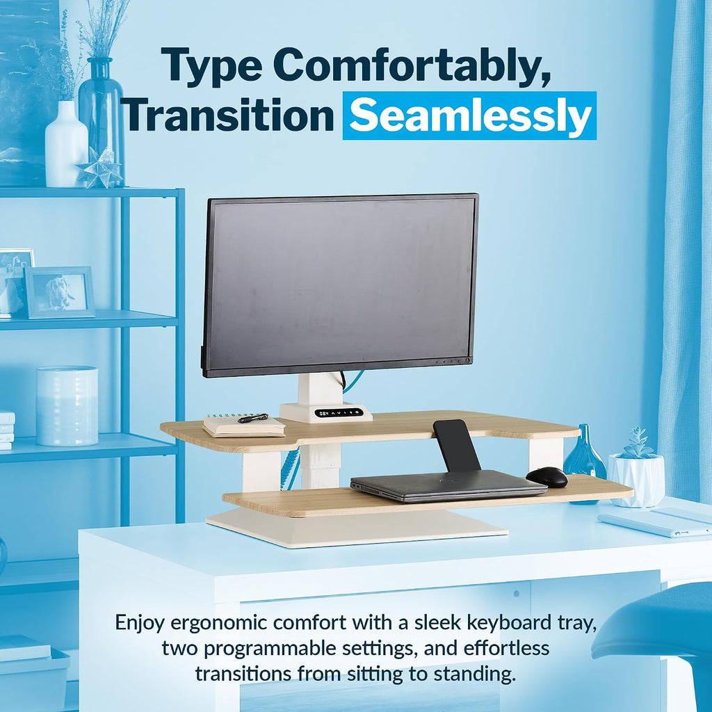 Vari VariDesk Premier Electric Converter - Standing Desk Height Adjustable Riser - Stand Up Converter for Home Office Workspace - Single Monitor Mount Computer Workstation (Light Wood)