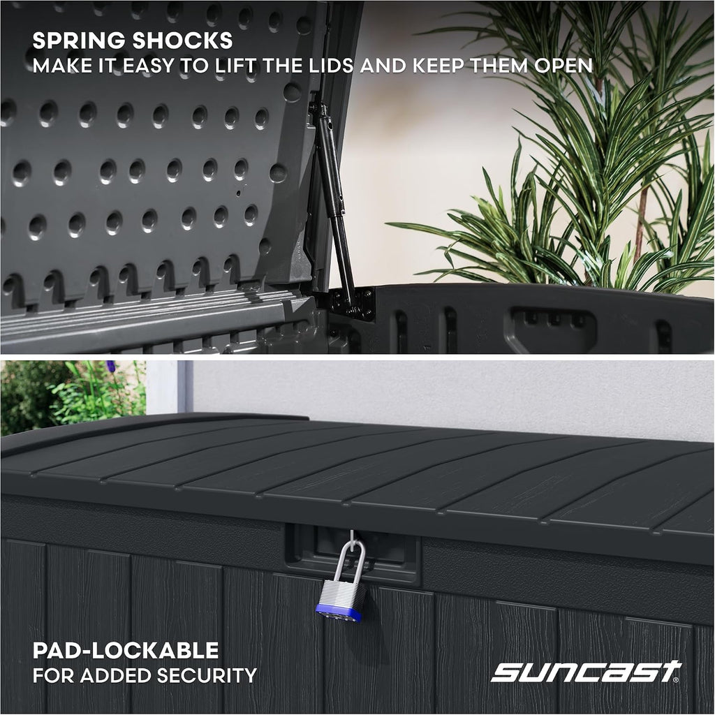 Suncast 134-Gal. Resin Extra-Large Outdoor Patio Deck Box with Pad-Lockable Lid, Modern Outdoor Patio Bench/Storage Box for Cushions, Garden Tools, and More, Iron Ore