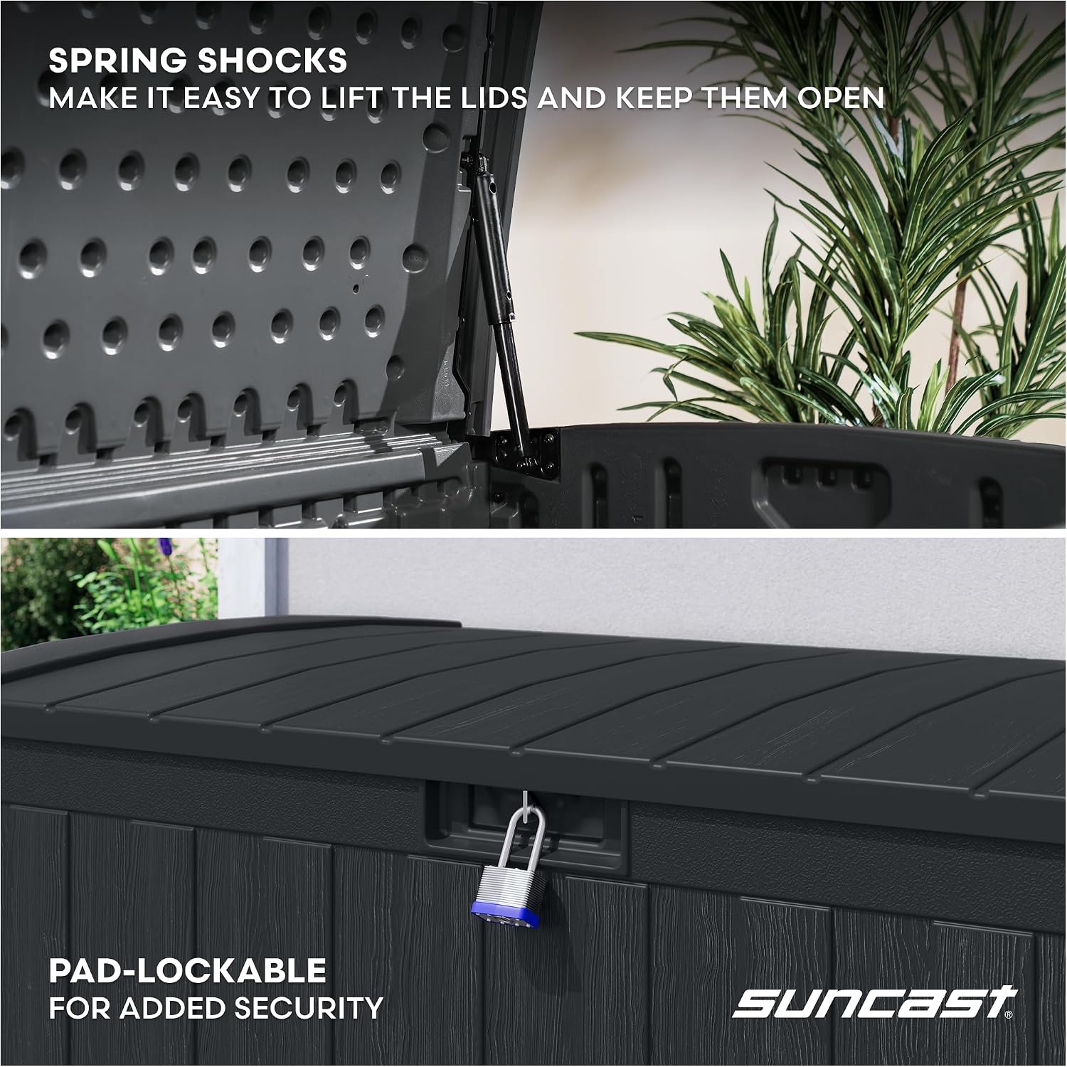 Suncast 134-Gal. Resin Extra-Large Outdoor Patio Deck Box with Pad-Lockable Lid, Modern Outdoor Patio Bench/Storage Box for Cushions, Garden Tools, and More, Iron Ore