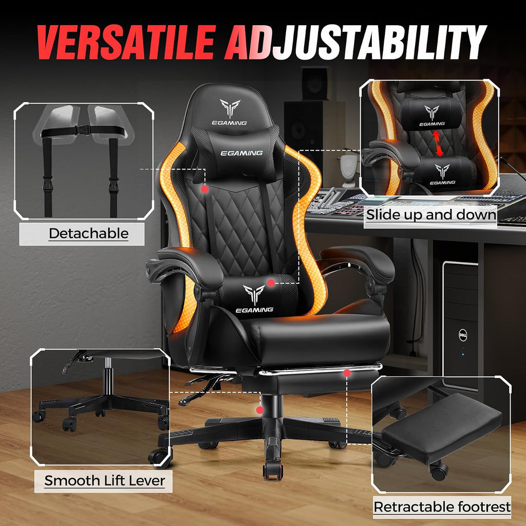 EXRACING Gaming Chair with Footrest Ergonomic High-Back PU Leather Computer Chair with RGB LED Lights Linkage Armrests Lumbar Support and Headrest 150°Reclining Diamond Quilted Office Chair for Adults