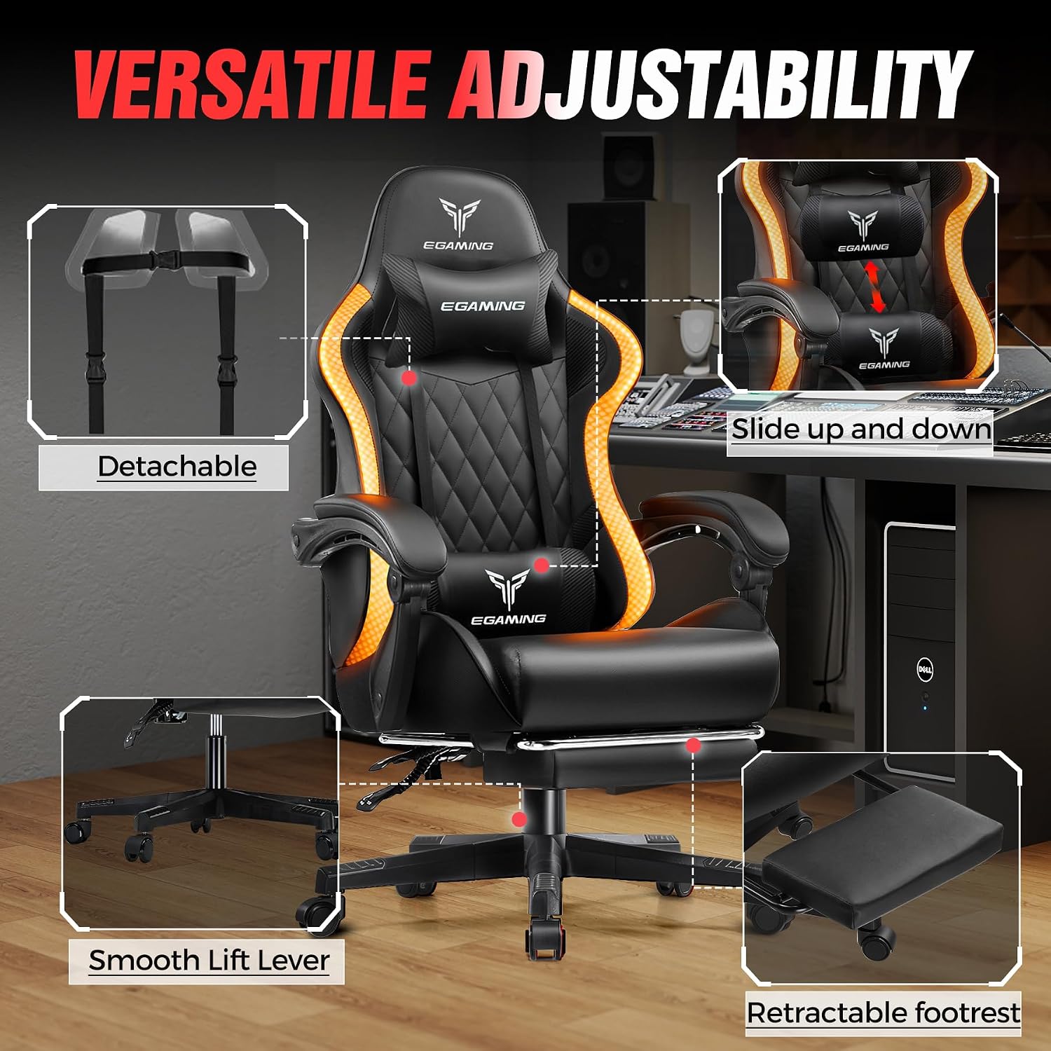 EXRACING Gaming Chair with Footrest Ergonomic High-Back PU Leather Computer Chair with RGB LED Lights Linkage Armrests Lumbar Support and Headrest 150°Reclining Diamond Quilted Office Chair for Adults