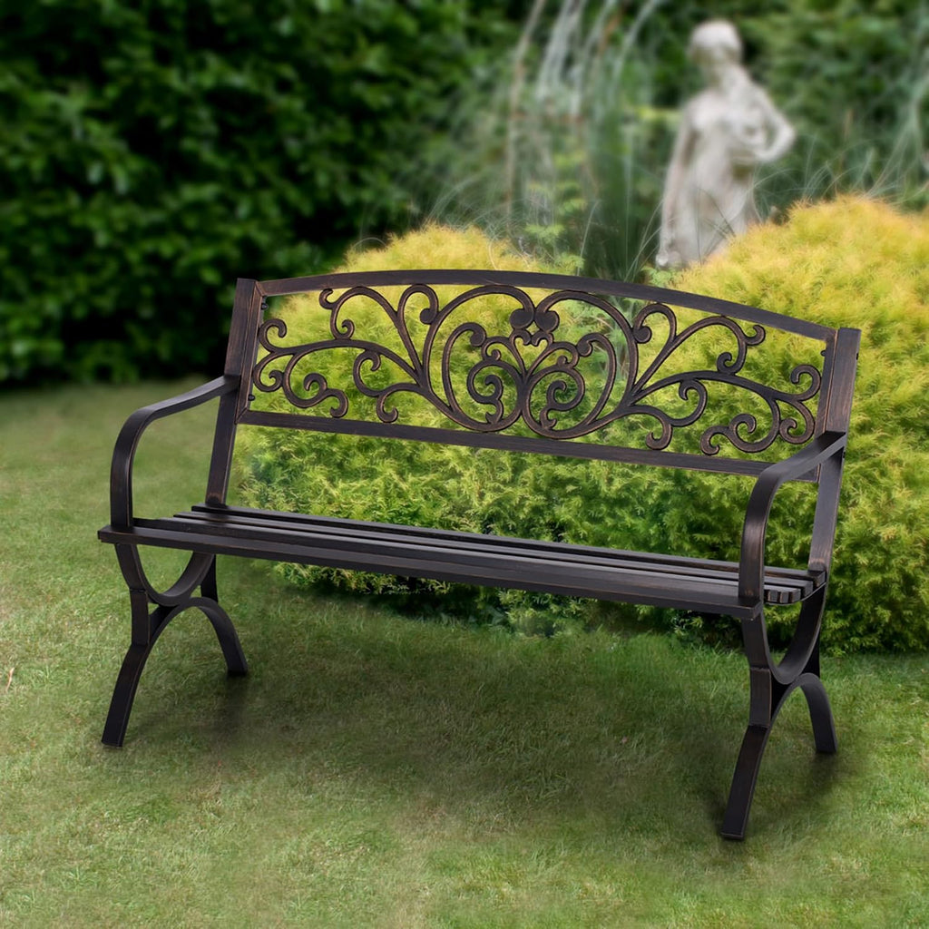Sophia & William Metal Outdoor Bench, 50' Outdoor Garden Bench Patio Park Bench, Cast Iron Park Benches for Outside with Floral Design Backrest, Bronze