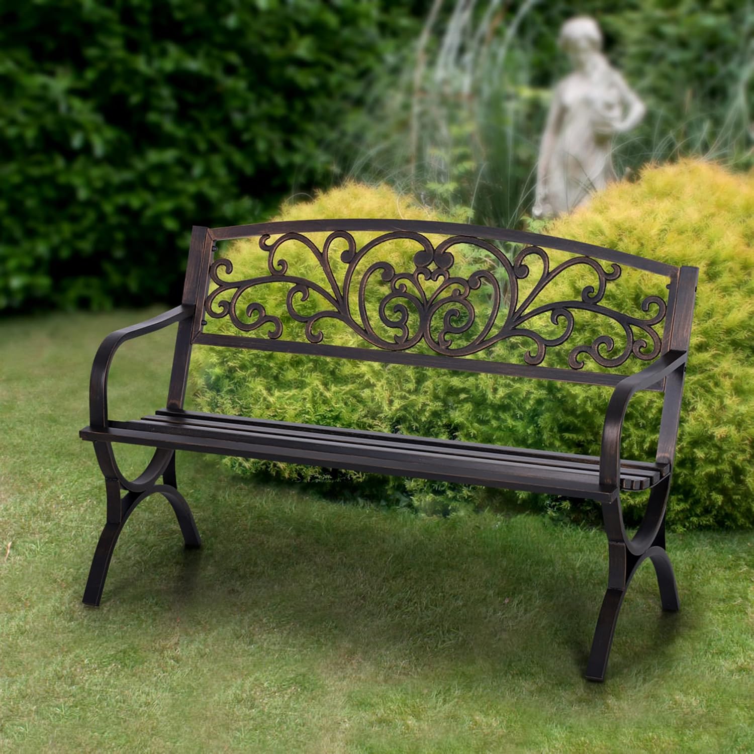 Sophia & William Metal Outdoor Bench, 50' Outdoor Garden Bench Patio Park Bench, Cast Iron Park Benches for Outside with Floral Design Backrest, Bronze