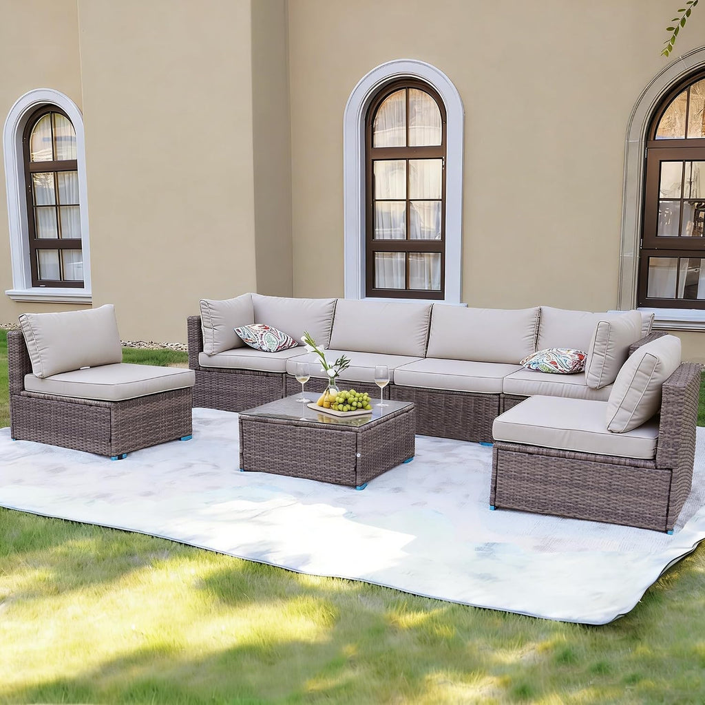 7-Piece Outdoor Patio Furniture Set, All-Weather PE Rattan Sectional Sofa Conversation Set with Glass Coffee Table, Brown Wicker Furniture for Backyard, Spring