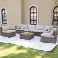 7-Piece Outdoor Patio Furniture Set, All-Weather PE Rattan Sectional Sofa Conversation Set with Glass Coffee Table, Brown Wicker Furniture for Backyard, Spring