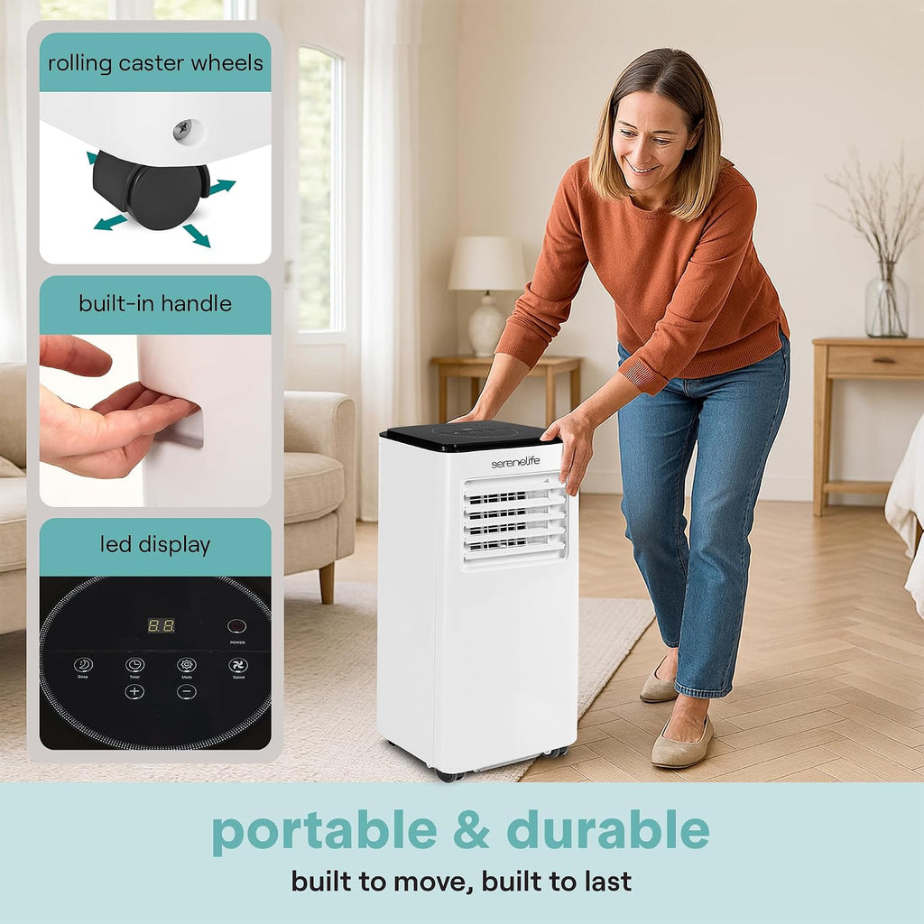 SereneLife 8000 BTU Portable Air Conditioner, Compact 3-in-1 Portable AC for Room Up to 350 Sq Ft with Dehumidifier & Fan Function, Remote Control, Window Mount Kit, Single Duct, 13' x 11' x 26'
