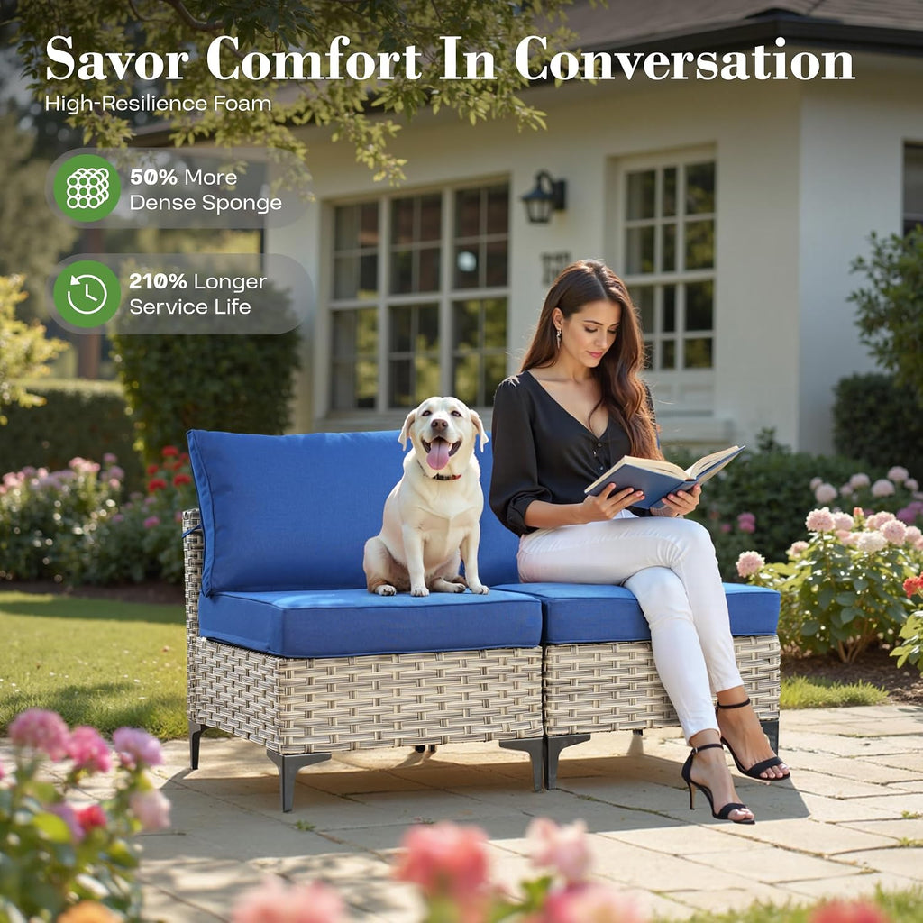 9 Pcs Patio Furniture with Fire Pit Table, Outdoor Rattan Wicker Conversation Set with Glowing Coffee Table, Comfy Sectional Sofa for Porch Balcony Backyard Pool, Blue