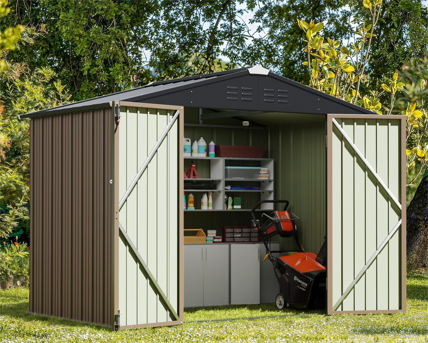 Greesum 8x6FT Outdoor Storage Shed, Utility Tool Shed with Sloping Roof, Metal Storaged Garden Shed with Door & Lock for Patio Storage, Brown