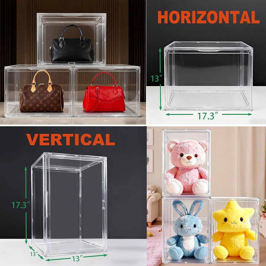 5 Pack XXX-Large Acrylic Purse Organizer for Closet, 17.3''x13''x13 Clear Display Case Bag Handbag Storage Box with Magnetic Lid, Plastic Storage Bins for Helmet, Tall Boots, Large Figure Collectibles