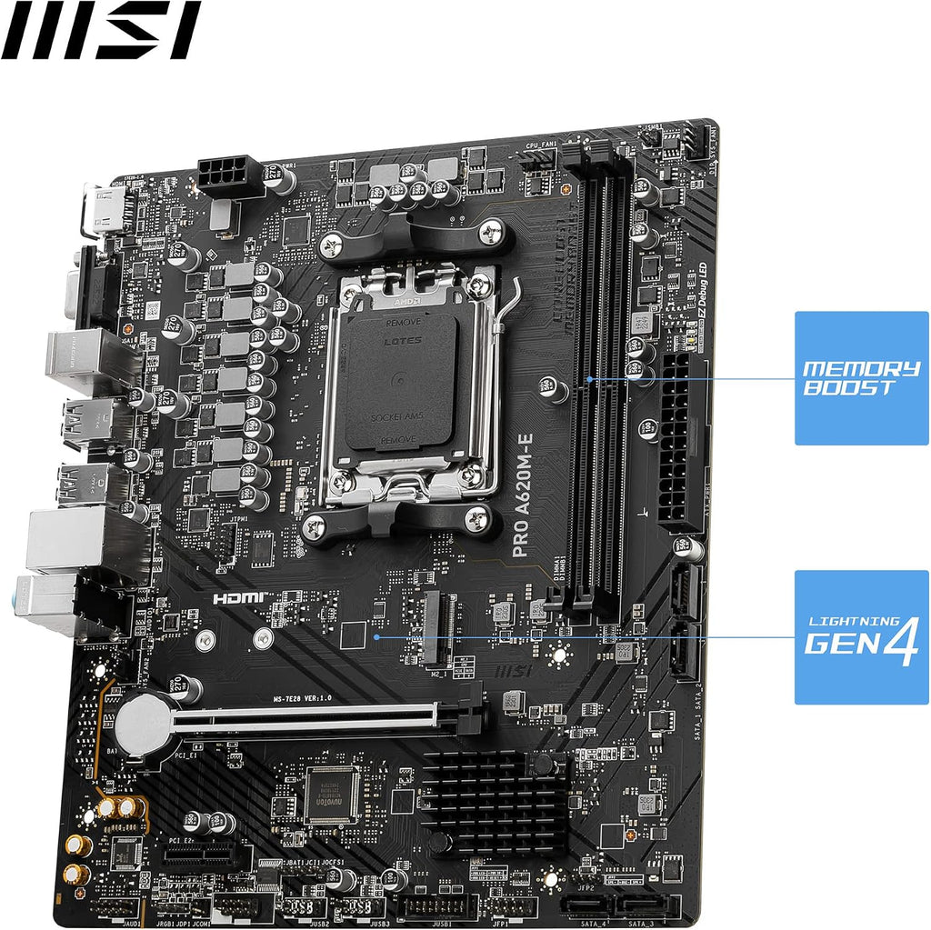 MSI PRO A620M-E Motherboard, Micro-ATX - Supports AMD Ryzen 7000 Series Processors, AM5 - DDR5 Memory Boost 6400+MHz/OC, 1 x PCIe 4.0 x16, 1 x M.2 Gen4