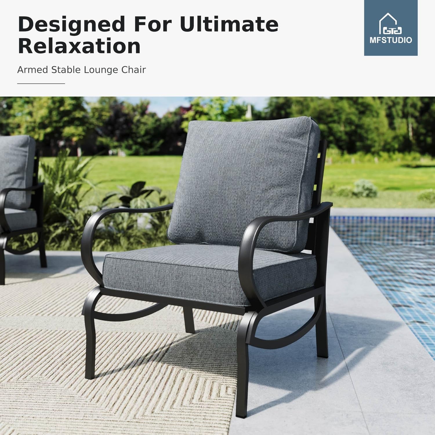 MFSTUDIO 4 Pieces Patio Conversation Set, 5 Seats Metal Patio Furniture Sets with 1 x 3-Seat Sofa, 2 Single Chairs,1 Coffee Table, All Weather Steel Patio Sets with 5.75inch Grey Cushion for Garden