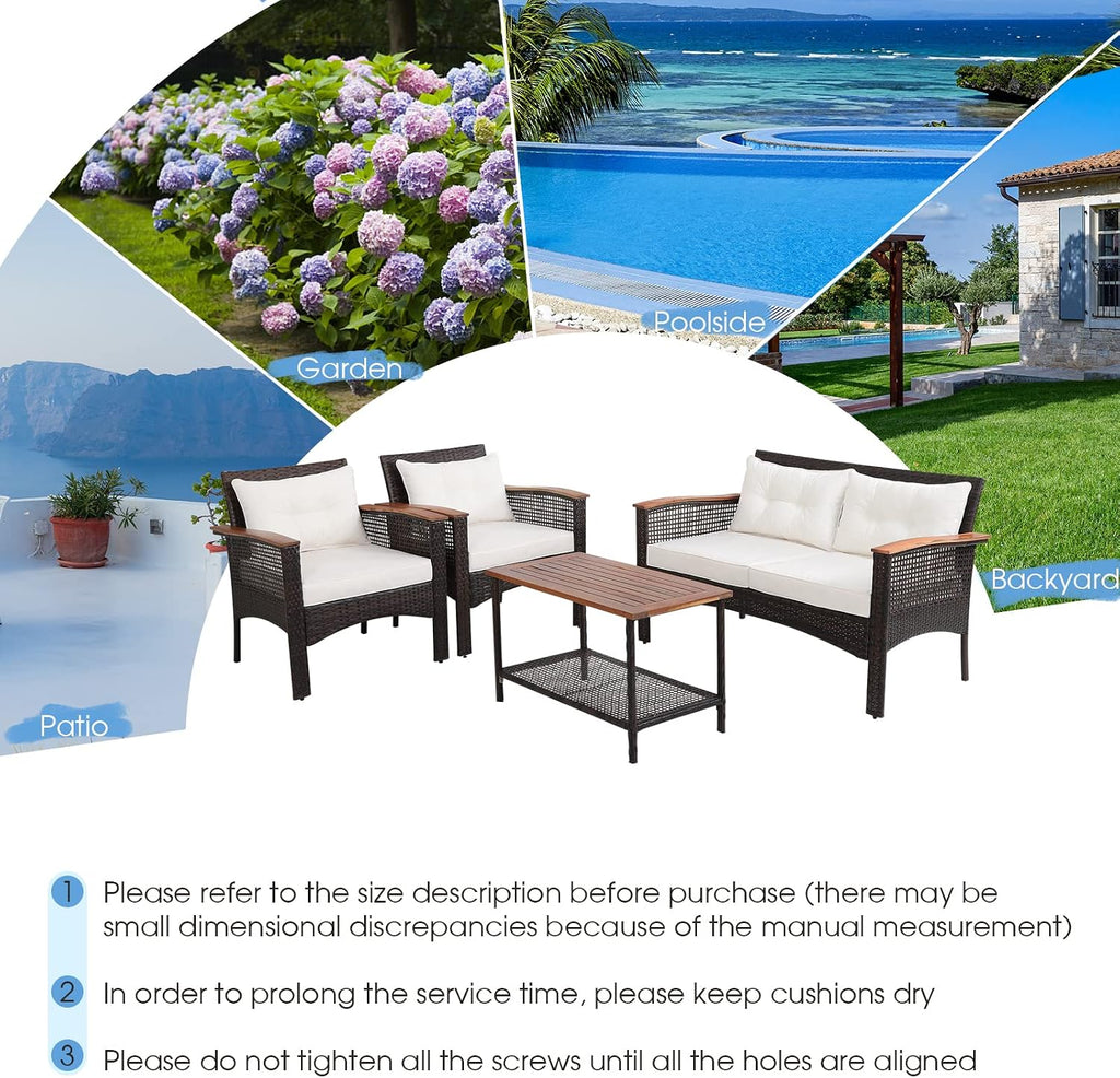 Tangkula 4-Piece Patio Furniture Set, Patiojoy Acacia Wood Outdoor PE Wicker Conversation Set with Cushions, PE Rattan Sectional Sofa Set for Lawn, Porch, Poolside, Backyard (Off White)