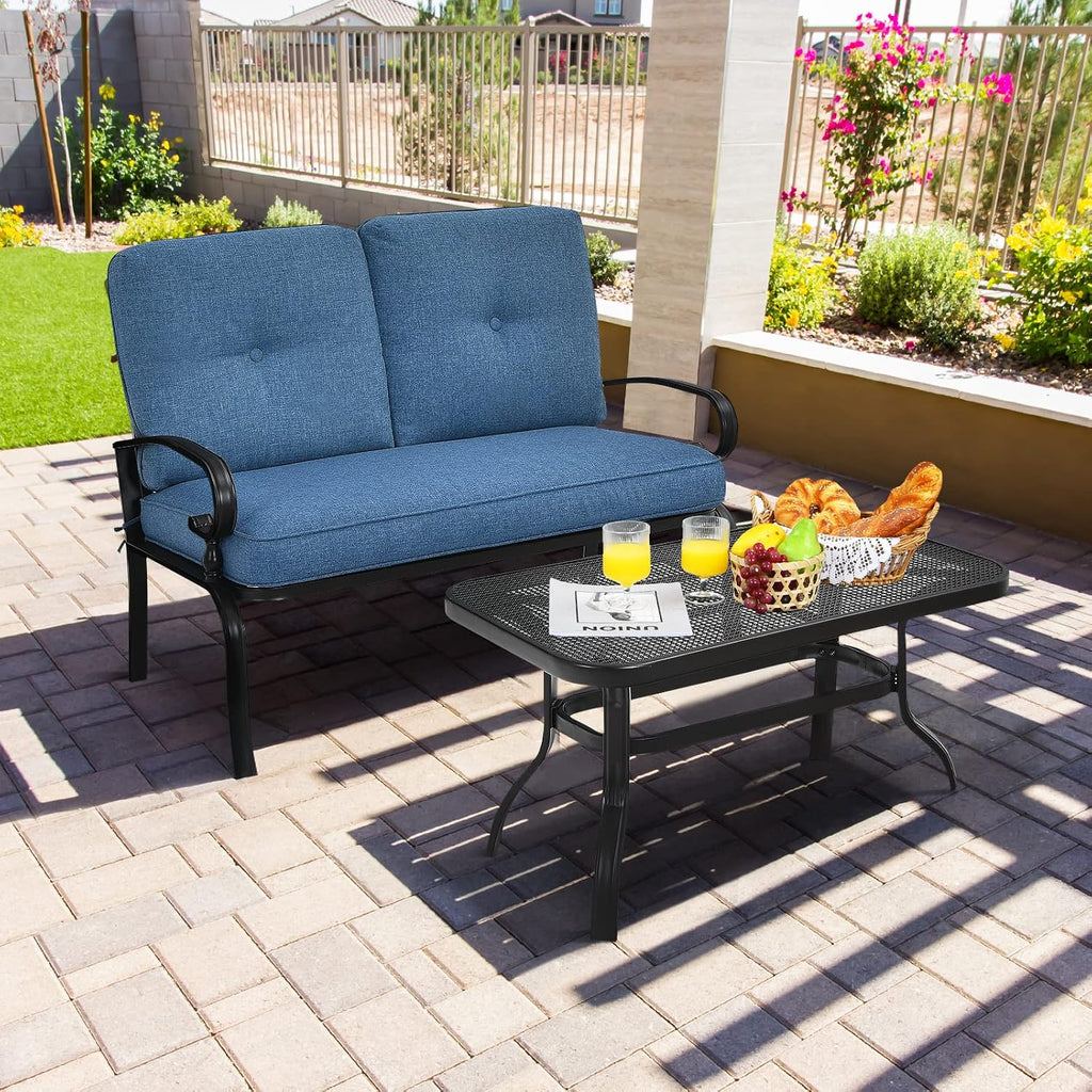 Giantex 2 Pcs Patio Loveseat with Coffee Table Outdoor Bench with Cushion and Metal Frame, Loveseat Furniture Set Sofa for Garden, Yard, Patio or Poolside