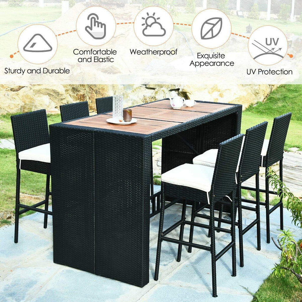 Tangkula 7 PCS Outdoor Wicker Furniture with Acacia Wood Bar Table Top and Removable Cushion, Conversation Set for Dining, Patios, Backyards, Porches, Gardens and Poolside (Black)