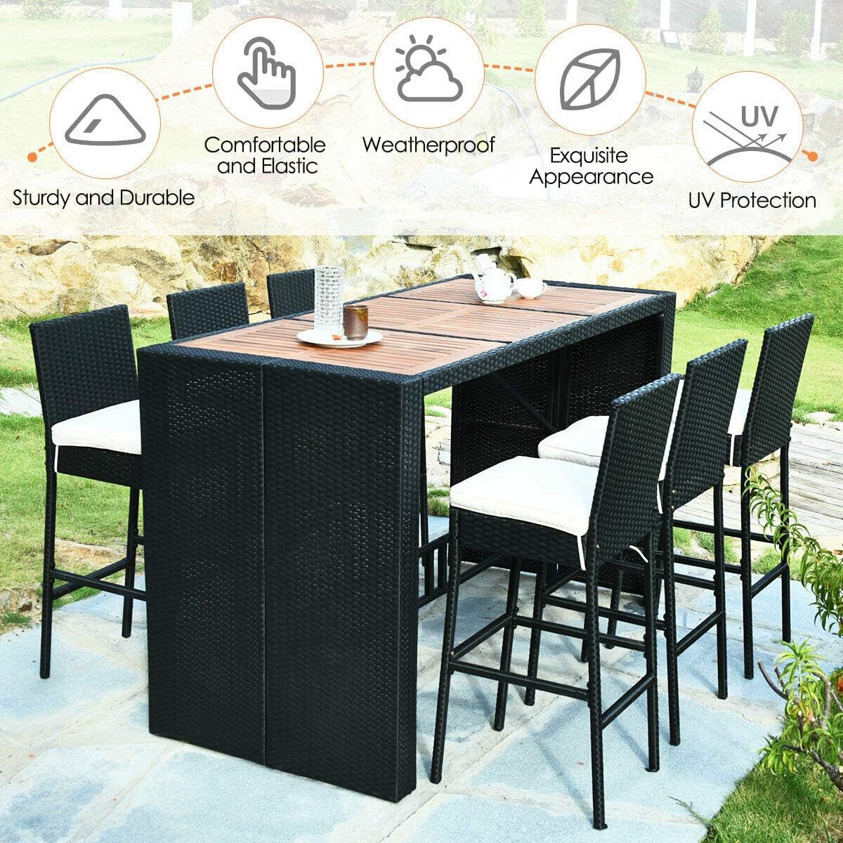 Tangkula 7 PCS Outdoor Wicker Furniture with Acacia Wood Bar Table Top and Removable Cushion, Conversation Set for Dining, Patios, Backyards, Porches, Gardens and Poolside (Black)