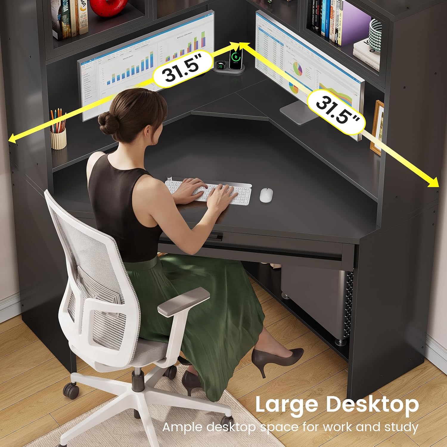 SEDETA 31.5' Corner Desk with Drawers, Small Office Computer Desk with Storage Shelves & Hutch for Small Space, Gaming Desk with LED Lights & Power Strip for Home Office, Black