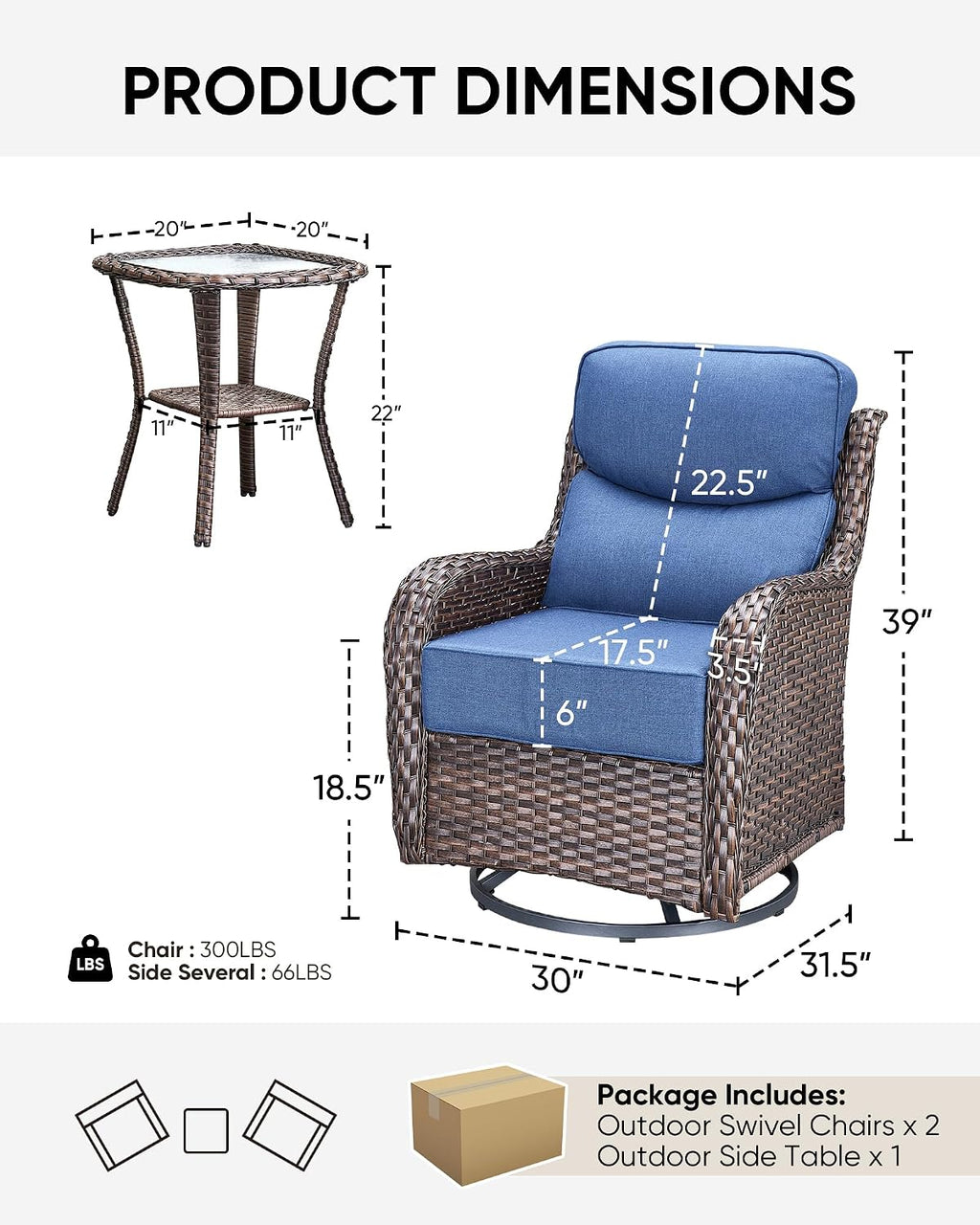 HUMMUH Outdoor Patio Wicker Swivel Rocker Chairs with 6-Inch Thick Cushion High Back 3 PCS Wicker Conversation Set for Porch Balcony Deck