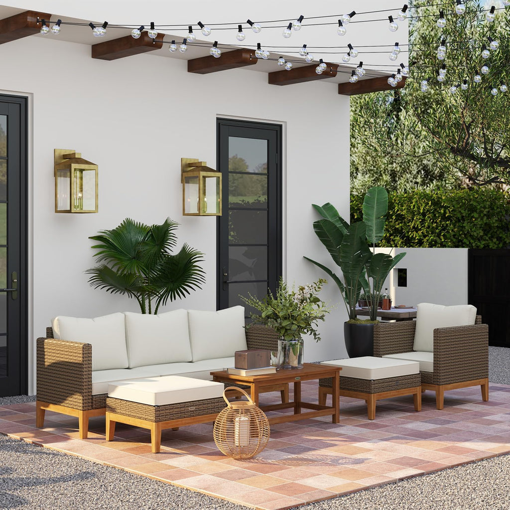 Outsunny Wooden Patio Furniture Set with Thick Padded Cushions, 5-Piece PE Rattan Sectional Sofa with Acacia Wood Top Coffee Table, Outdoor Conversation Set, Cream White