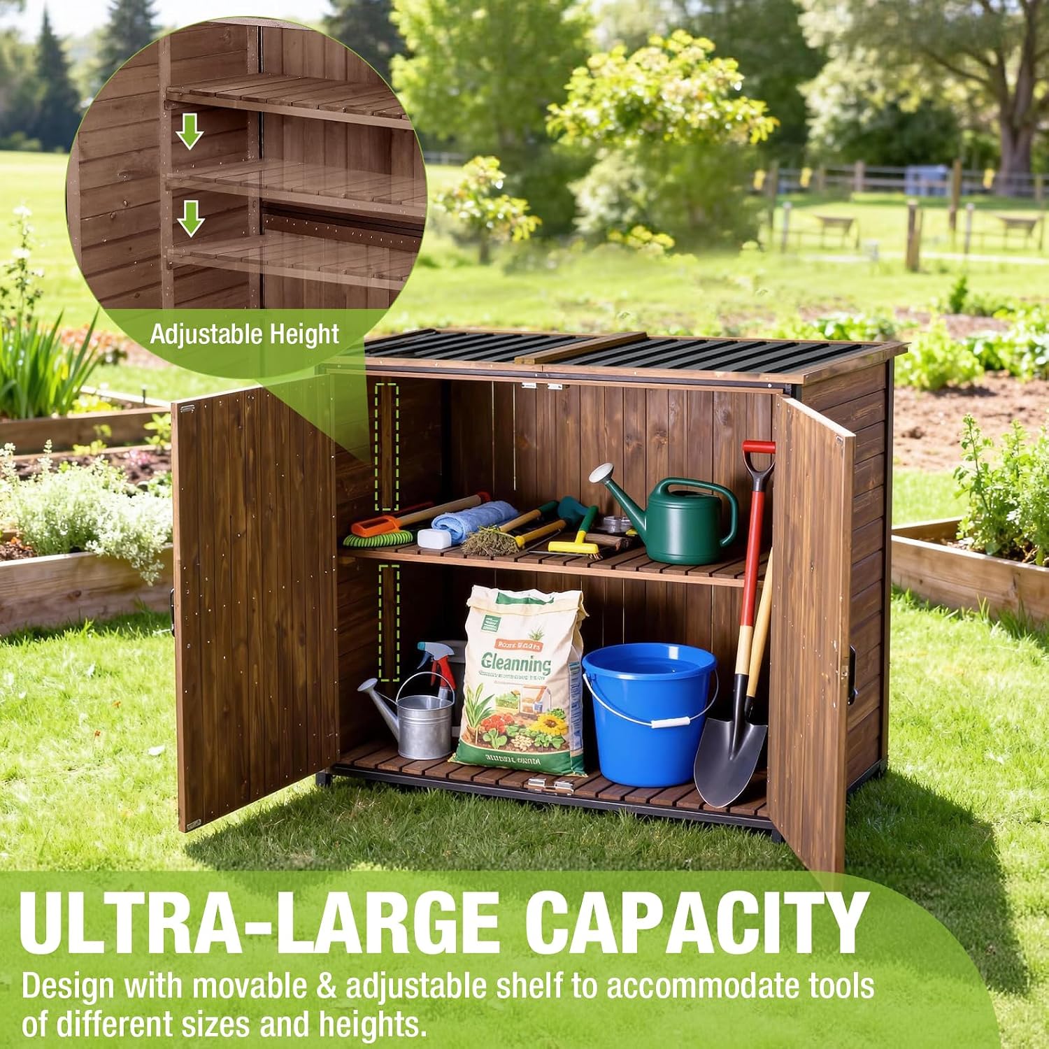 Gutinneen Outdoor Storage Shed Cabinet with Strong Iron Frame Large Wooden Garden Shed Tool House with Adjustable Shelfs,Medium