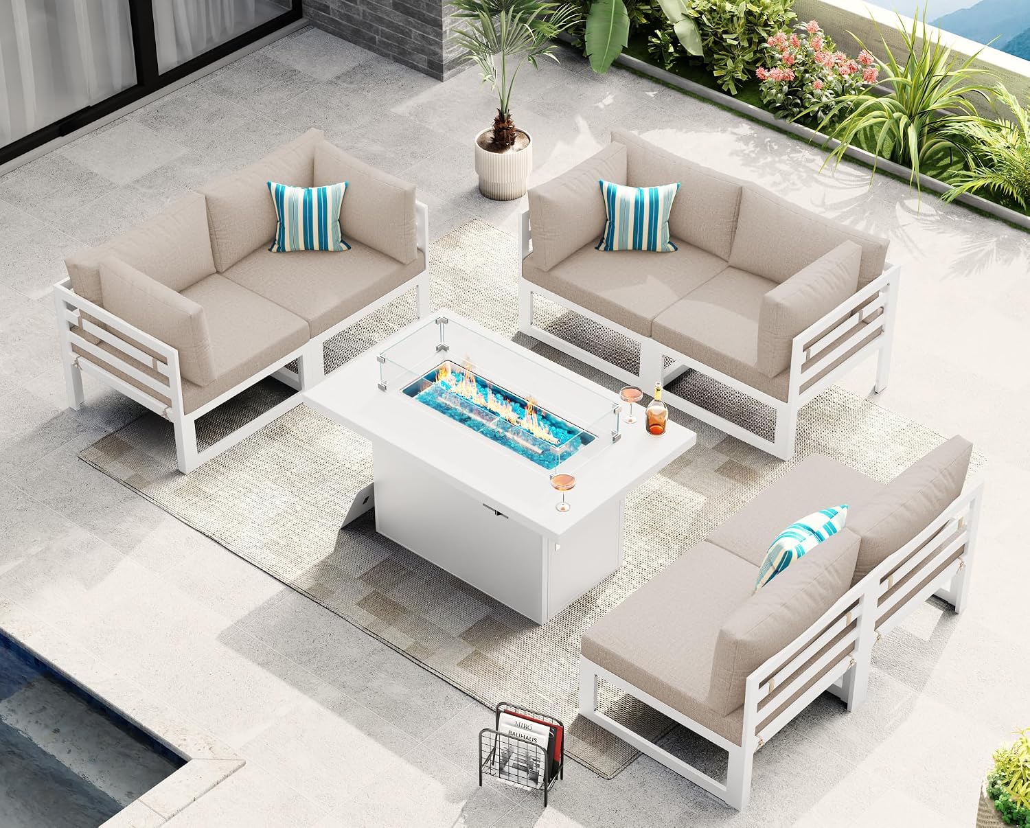 NICESOUL 7 Piece Extra Large Modern Aluminum Outdoor Sofa with Fire Pit Table, 29' Deep Wide Seating, 500 lbs Durable Sectional Set, All-Weather L Shaped Patio Furniture Set for Exterior Garden, Beige